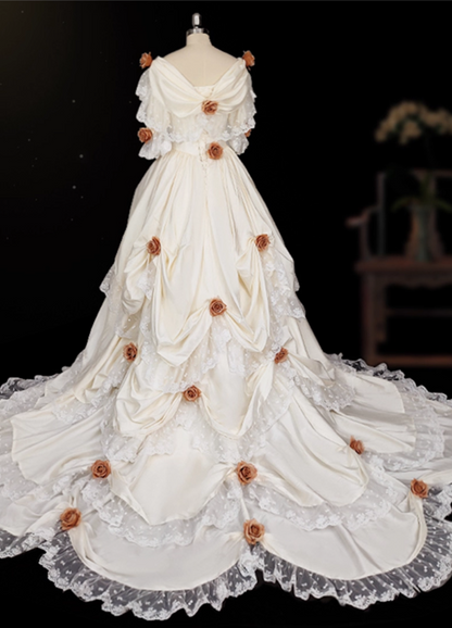 Glamorous Ivory Off-Shoulder Lace Trimmed 3D Floral Cathedral Train Wedding Dress TP5308