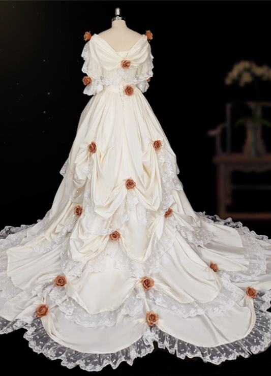 Glamorous Ivory Off-Shoulder Lace Trimmed 3D Floral Cathedral Train Wedding Dress TP5308