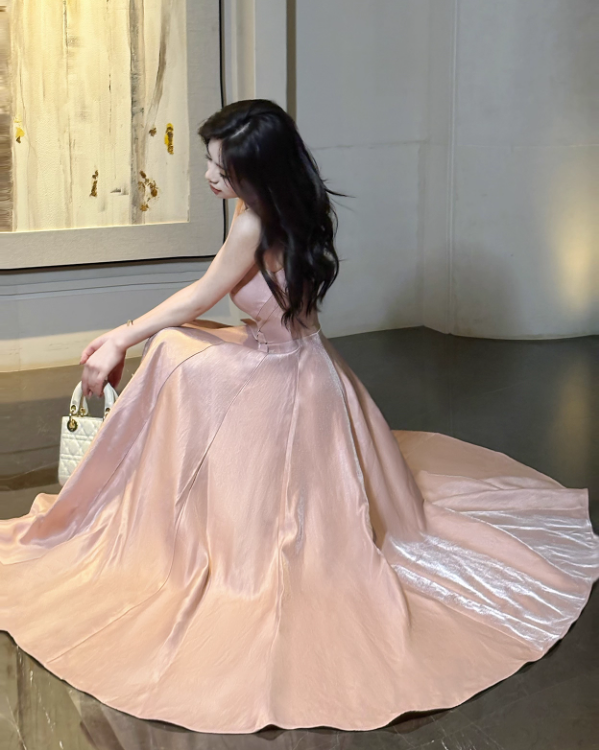 Elegant Vintage-Inspired Pink Satin Bow Detail Straps Midi Evening Gown TP5314