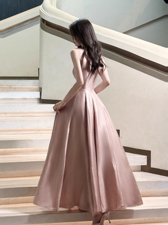 Elegant Vintage-Inspired Pink Satin Bow Detail Straps Midi Evening Gown TP5314
