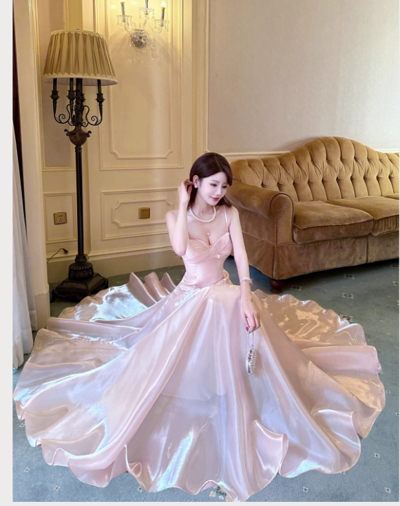 Elegant Pink Satin Spaghetti Strap Sweetheart Neckline A-Line Evening Gown TP5316
