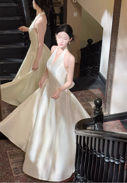 Elegant Ivory Satin A-Line Halter-Neck Midi Evening Gown TP5318