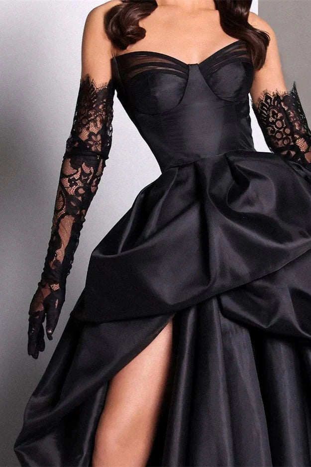 Retro Black Sweetheart Irregular Ruffle Hem Lace Gloves Design Elegant A-Line Satin Evening Dress Prom Dress TP4124