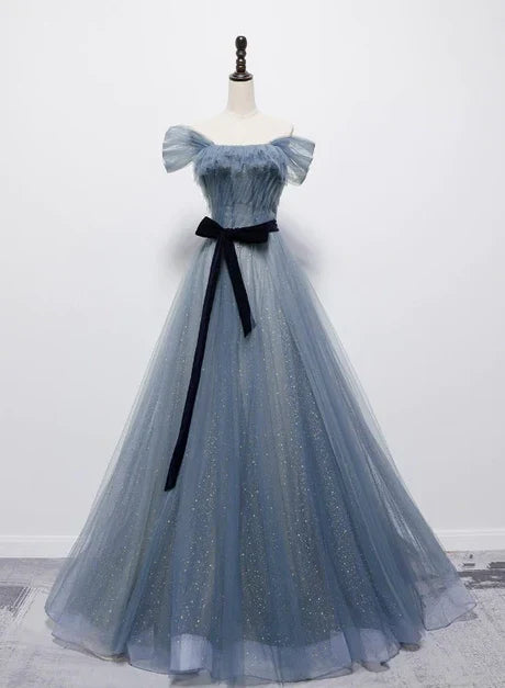 omberprom Grey-Blue Tulle Off Shoulder Long Party Dress with Bow A-line Floor Length Prom Dress Wholesale