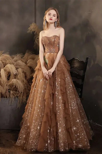 Elegant Champagne Sweetheart Shiny Sequin Ruffle Design A-Line Chiffon Tulle Evening Dress Prom Dress TP4125