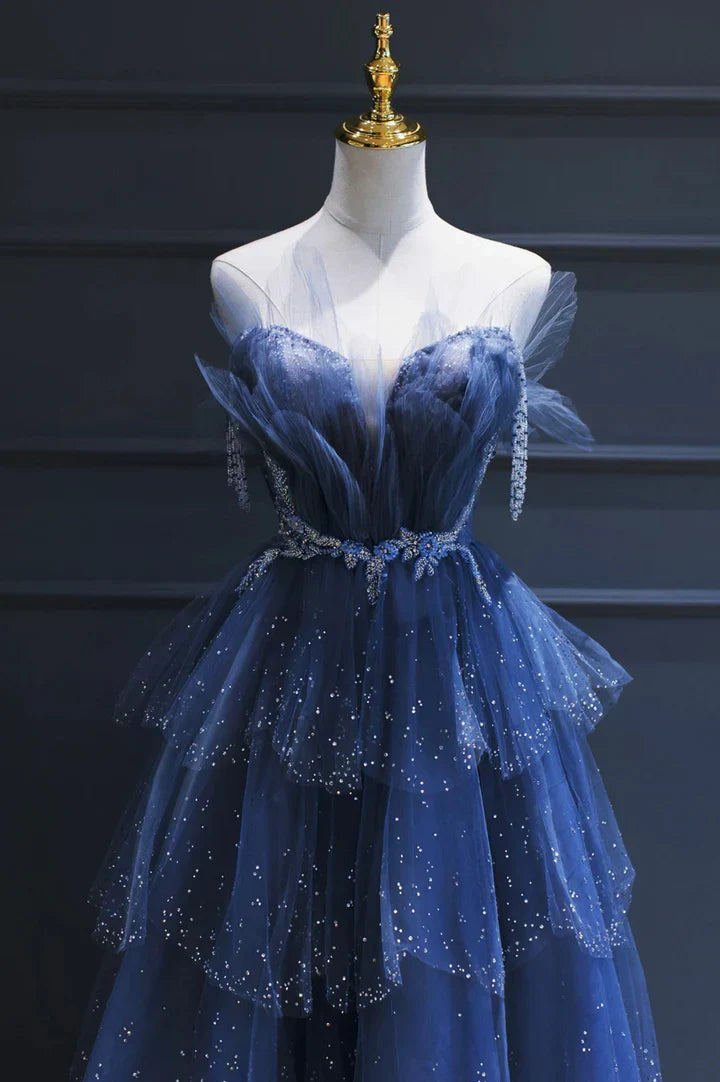 Vintage Blue Beaded Design Elegant A-Line Chiffon Tulle Evening Dress Prom Dress TP4121