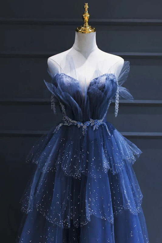 Vintage Blue Beaded Design Elegant A-Line Chiffon Tulle Evening Dress Prom Dress TP4121