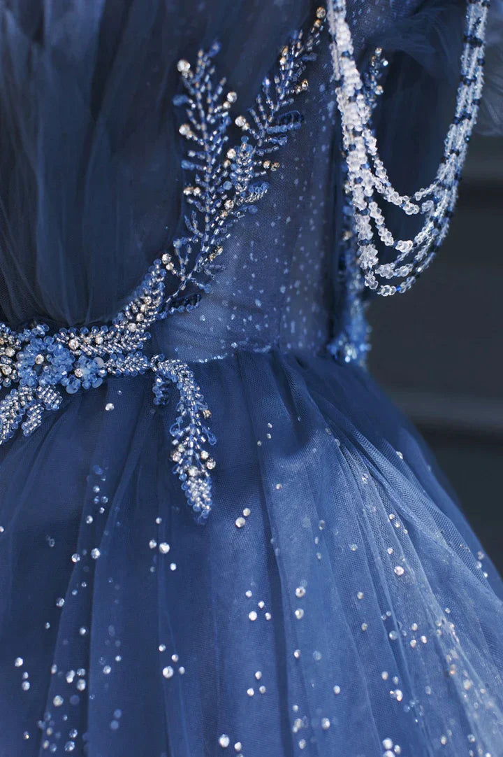 Vintage Blue Beaded Design Elegant A-Line Chiffon Tulle Evening Dress Prom Dress TP4121