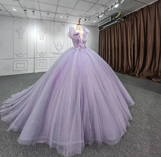 Shimmering Beaded Layered & Ruffled Deep V Neck Quinceañera Princess Ball Gown