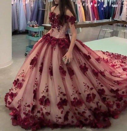 Wine Red Quince Gown with train Charming Prom Dress Ball Gown Evening Dress