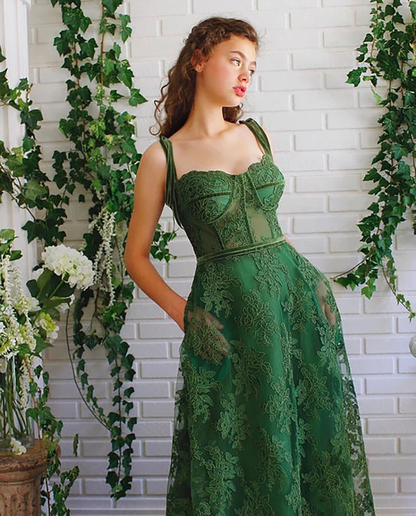 Dark Green Lace Prom Gown A line Long Green Lace Fairy Prom Dress Sweetheart Tied Straps Ball Gown Prom Dress Lace Homecoming/Party Dress