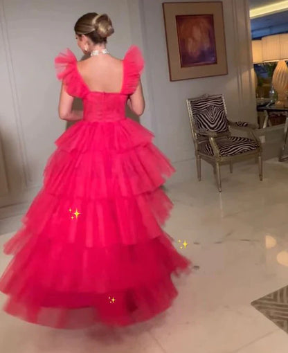 PM488,Watermelon Red Pink tulle prom dresses long evening dress