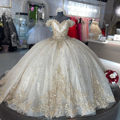 Sparkly Off Shoulder Champagne Quinceañera Dress Party Ball Gown