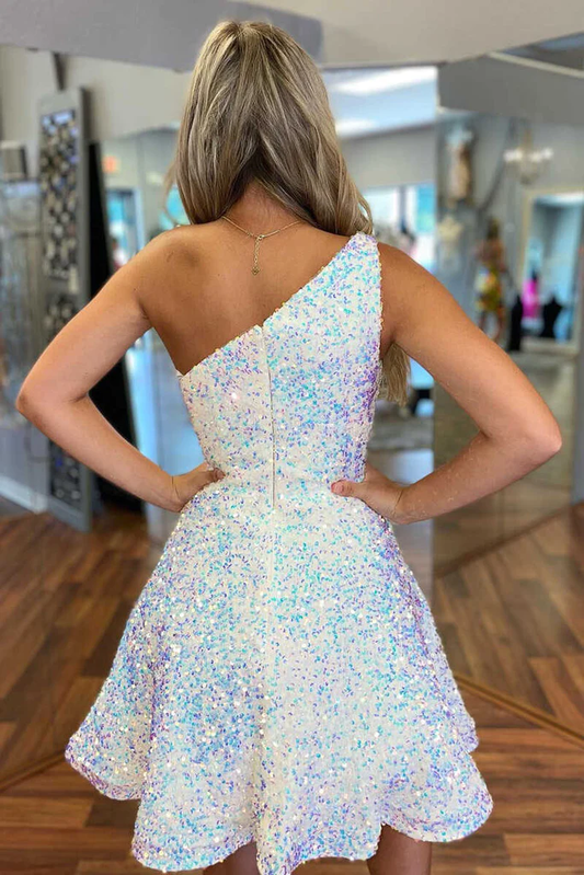Sparkly A Line Sequined One Shoulder Homecoming Gown Short Prom Dress