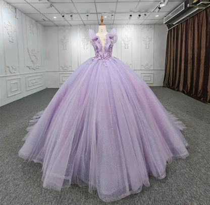 Shimmering Beaded Layered & Ruffled Deep V Neck Quinceañera Princess Ball Gown