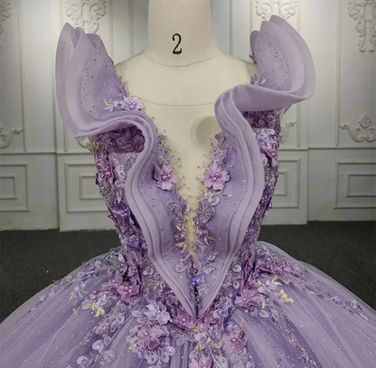 Shimmering Beaded Layered & Ruffled Deep V Neck Quinceañera Princess Ball Gown