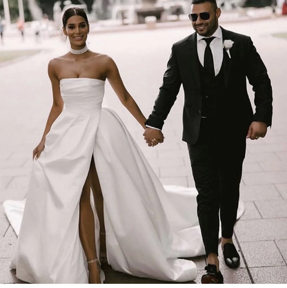 Simple Satin Spring Long Wedding Dress A Line,Strapless Beach Boho Split Bridal Gown