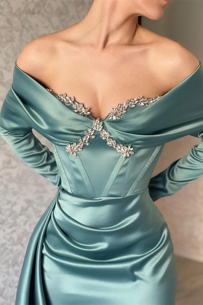 Mermaid Long Sleeve Evening Dresses,Sexy Holiday Party Gown with Crystal