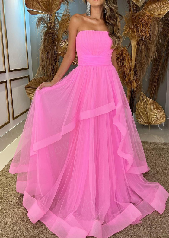 Tulle Layers Long Evening Dresses Strapless Maxi Prom Gown Floor Length Party Gowns