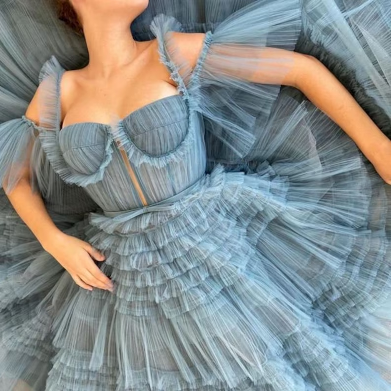 Dusty Blue Tulle Ruffled Gown Long Tulle Prom Dress Tiered Skirt Dress