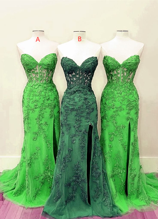 Elegant Green Lace Dress Long Mermaid Strapless Gown With Corset Top