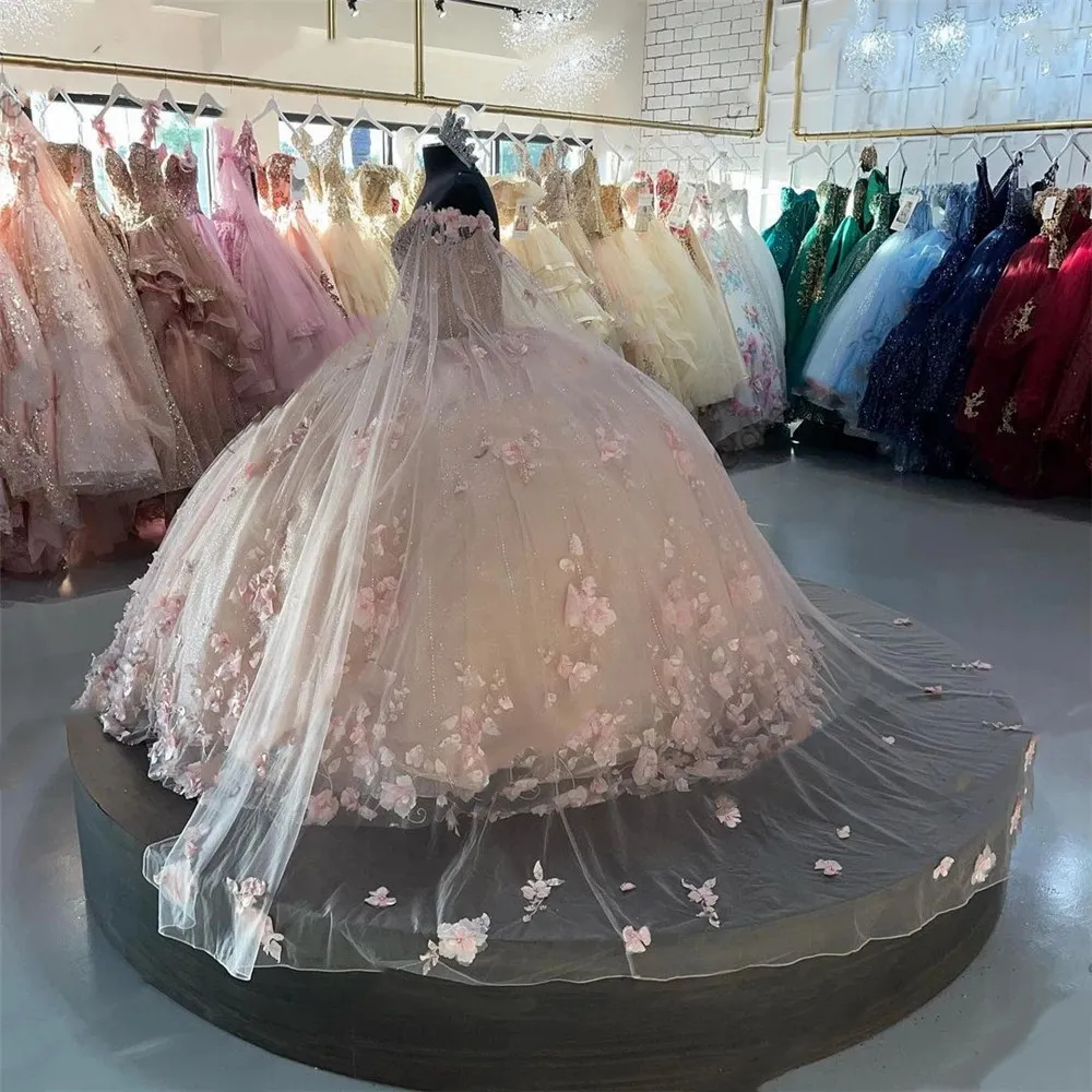pink Sweetheart Quinceanera Dresses Ball Gown 3D Flowers Formal Prom Graduation Gowns Princess Sweet 15 16 Dress