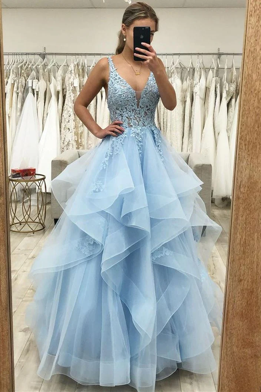 V neck Tulle Ball Gown Long Prom Dress with Lace Bodice