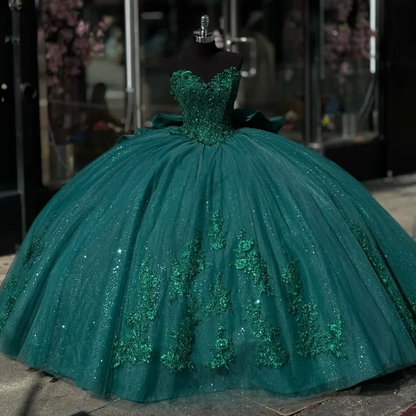 Green Appliques Lace Tull Ball Gown Quinceanera Dress Off The Shoulder Glitter Crystal Corset Dress