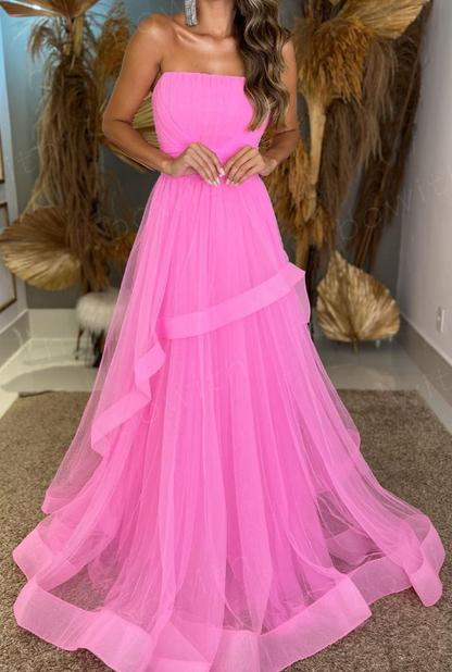Tulle Layers Long Evening Dresses Strapless Maxi Prom Gown Floor Length Party Gowns