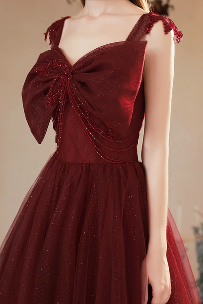 Burgundy Tulle A Line Long Prom Dresses with Bow, Long Burgundy Formal Graduation Evening Dresses       S5386