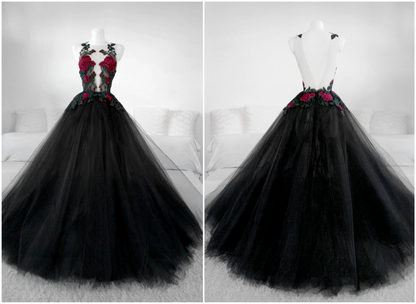 Beautiful Black Tulle With Lace Applique Long Formal Gown Black Party Dresses