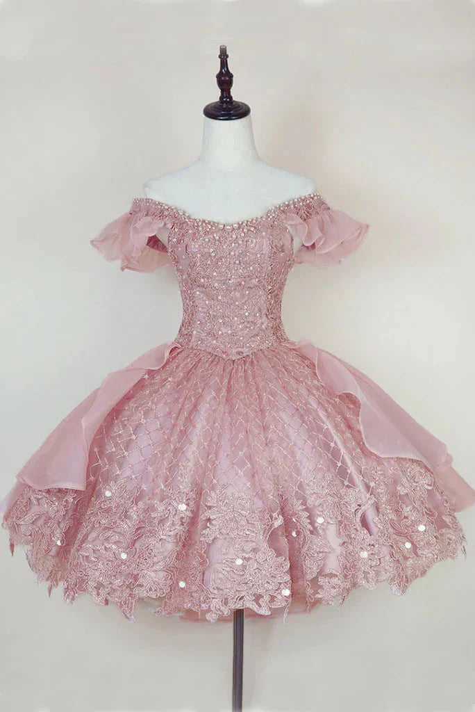 Vintage Shiny Pink Beaded Homecoming Dress Off-the-shoulder Party Dress Short A-Line Cocktail Dress TP4657