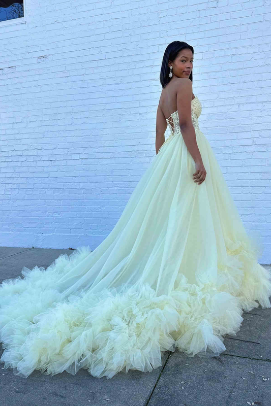 A-Line Yellow Sweetheart Corset Ruffle Prom Dress     S5267