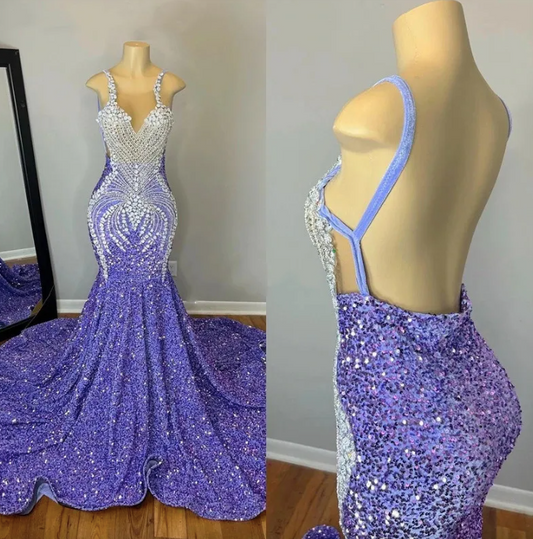 Sexy Lavender Mermaid Prom Dresses For Black Girls Crystal Rhinestone Sequins Open Back Formal Birthday Party Gowns