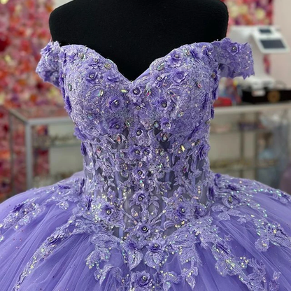 Ball Gown Quinceanera Dresses Beaded Appliques Lace Off Shoulder Tulle Sweet 15 16 Dress XV Prom Party Dress