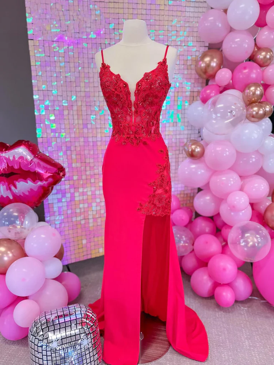V Neck Mermaid Lace Long Prom Dresses with High Slit, Mermaid Lace Long Formal Evening Dresses S5381