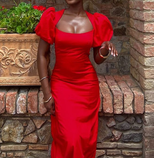 Sexy Puff Sleeves Gown Red Party Prom Evening Dress