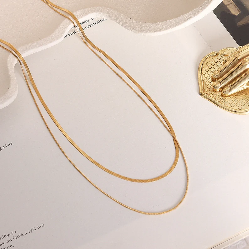 Dainty Snake Double layer Choker,Snake Chain Necklace,Herringbone Necklace,Gold Double Chain,Omega Chain Necklace,Thin Chain Necklace E020
