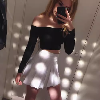 American retro high-waist slim pleated skirt with safety pants P349