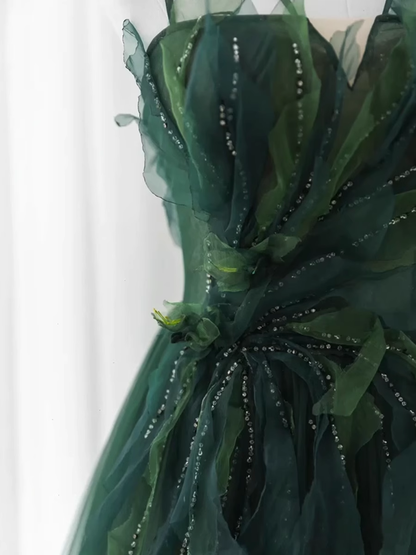Ball Gown Spaghetti Straps Floor Length Dark Green Long Prom Dresses B008