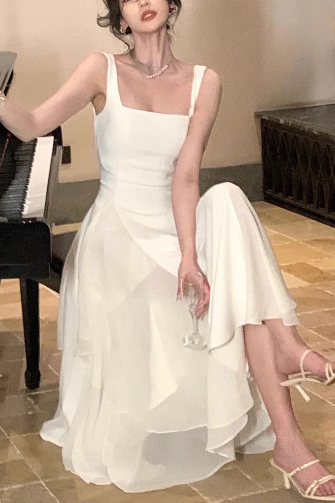 A Line Square Neck Prom Dress, Ankle Length Birthday Outfits P447