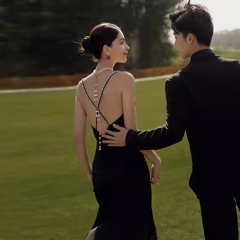 Classic Mermaid Spaghetti Straps Black Satin Prom Dresses Long Prom Dress P478