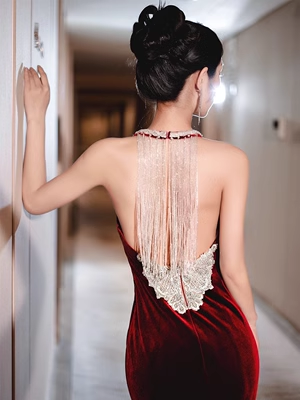 Luxury Mermaid Velvet Evening Dress Red Long Prom Dress P556