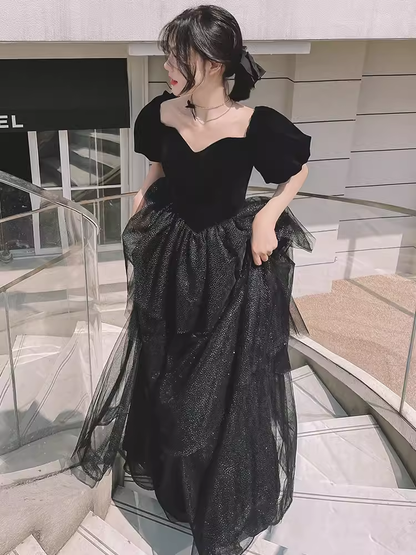 Ball Gown Black Prom Dress With Puffy Sleeves Long Prom Dresses P529