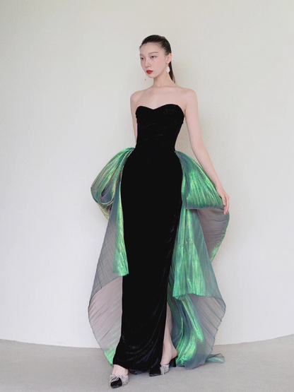 Sexy Mermaid Long Black Velvet Prom Dresses With Sleeves Long Prom Gown P515
