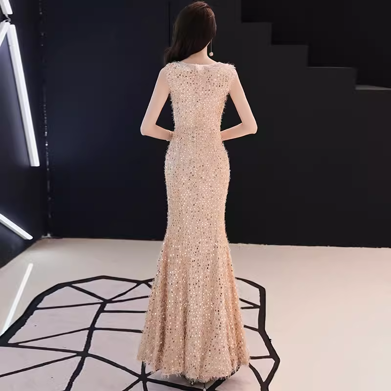 Sparkly Mermaid Champagne Sequin Long Prom Dress P528