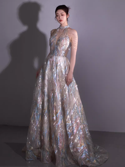 Sparkly A line Bling Sequin Long Prom Dress P526