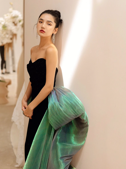 Sexy Mermaid Long Black Velvet Prom Dresses With Sleeves Long Prom Gown P515