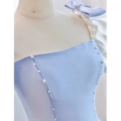 Princess A line Light Blue Satin Prom Dress Long Prom Dresses P548