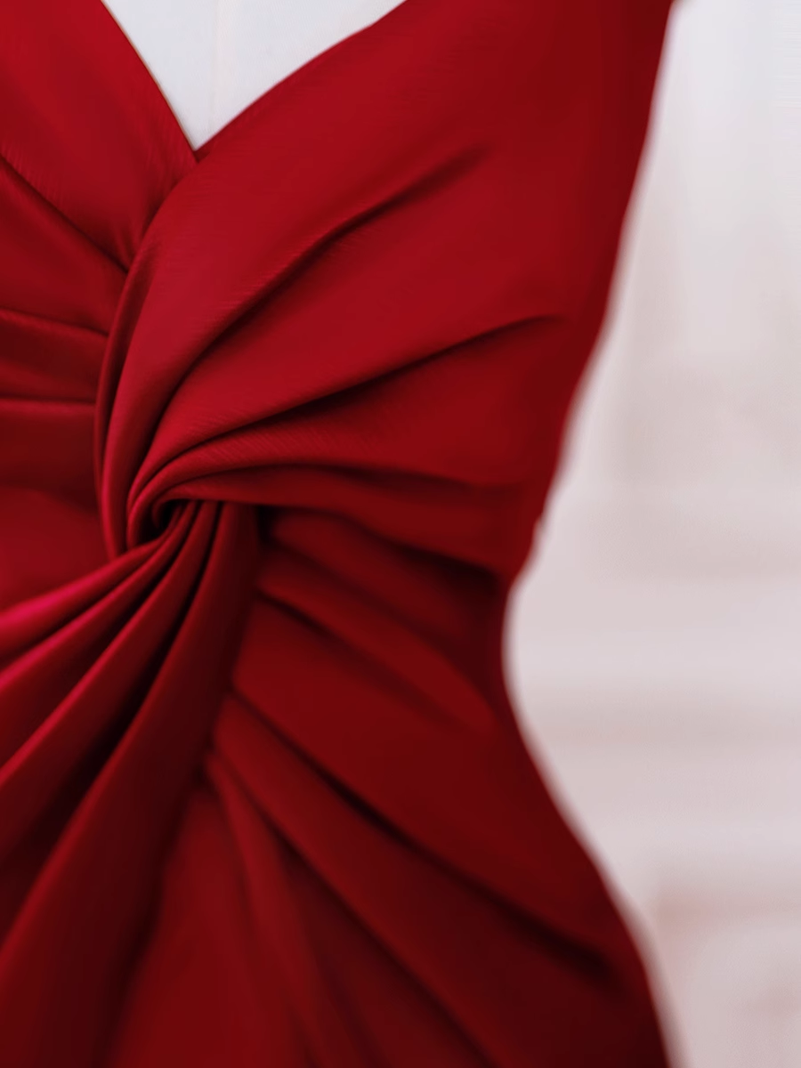 Simple One Shoulder Ruffles Red Satin Long Prom Dresses P510
